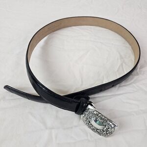 Talbots Belt Black Croc Leather Silver Tone Buckle Women's Medium
